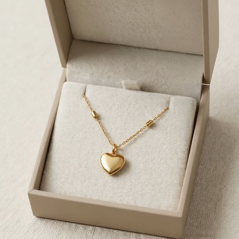 14K Yellow Gold mini heart necklace, worn view