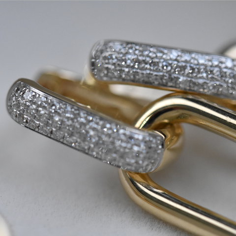 14K Yellow Gold gold diamond link drop earrings with round white diamonds, side view