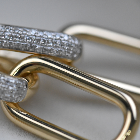 14K Yellow Gold gold diamond link drop earrings with round white diamonds, detail view