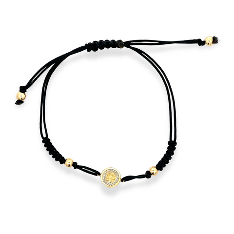 14Kt Small Two Tone St. Benedict Medal Black Silk Bracelet