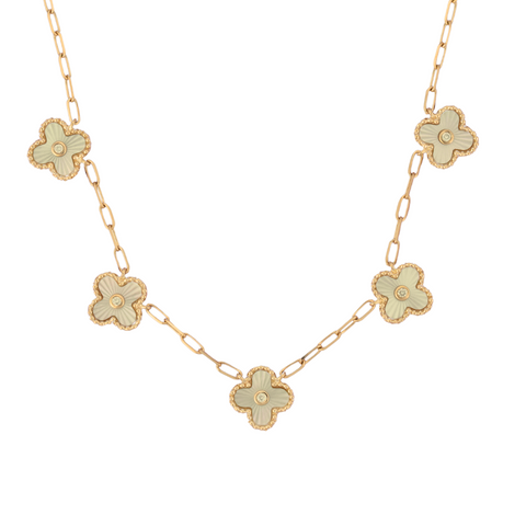 14Kt Mother of Pearl Fluted Diamond Clover Necklace