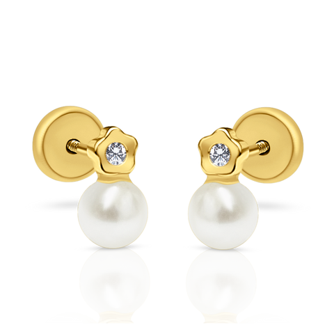 18Kt Cubic Zirconia Flower & Pearl Earrings