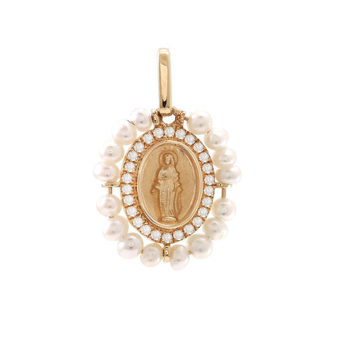 14Kt Pearls & Diamonds Miraculous Medal 13mm/0.51in