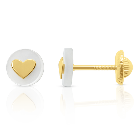18Kt Heart Incrusted Mother of Pearl Disc Earrings