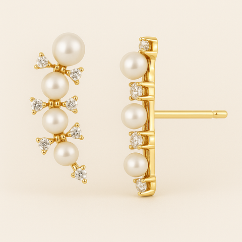 14K Yellow Gold Pearl & Diamond Crawler Earrings – 0.48 Carats