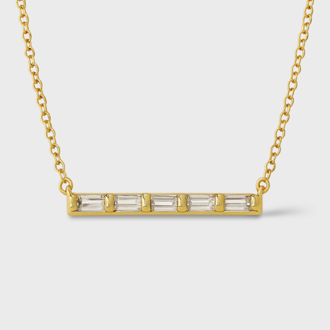 14K Yellow Gold baguette diamond bar necklace with round white diamonds, front view