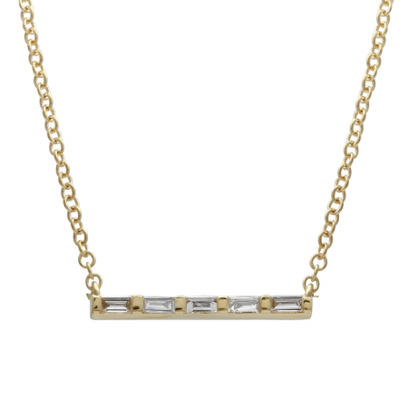 Modern and elegant 14K yellow gold necklace featuring five baguette-cut diamonds totaling 0.08 carats. A sleek, timeless piece for effortless sophistication.