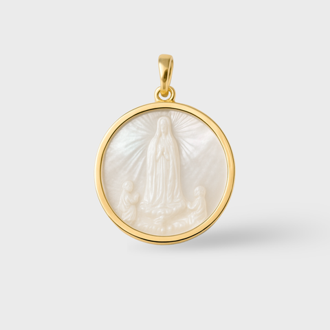 14K gold Fatima medal pendant with carved Mother of Pearl center