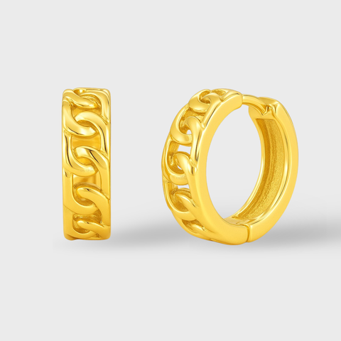 14K Yellow Gold chain link huggie earrings, front view