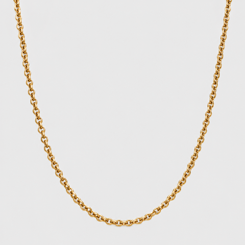 Adjustable 14K yellow gold rolo chain necklace on white background