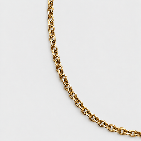 Close-up of polished round links on a 14K yellow gold rolo chain