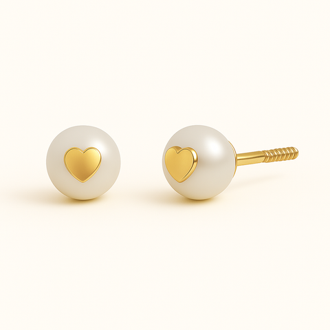 14K Gold Heart Pearl Stud Earrings