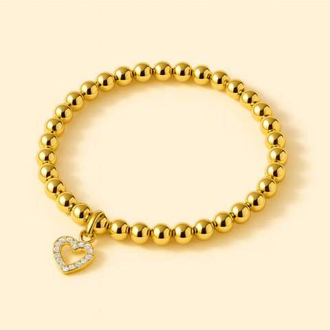 14K Gold Zirconia Heart Silhouette Elastic Bead Bracelet