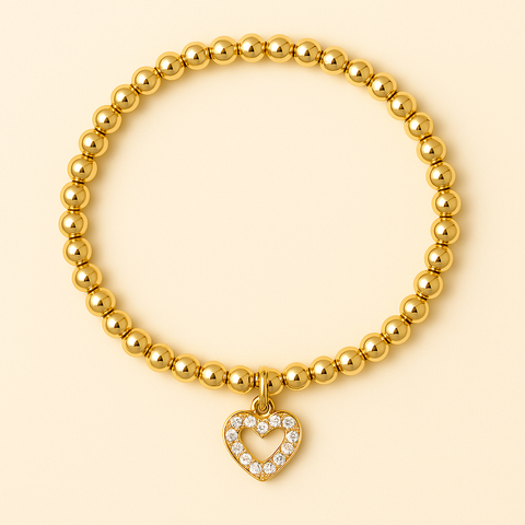 14K Gold Zirconia Heart Silhouette Elastic Bead Bracelet