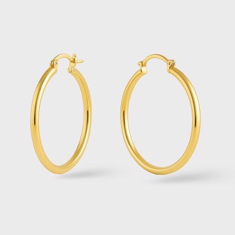 14K Yellow Gold classic hoop earrings, front view
