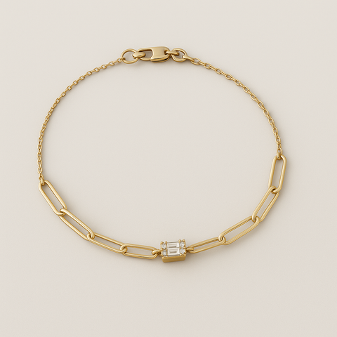 14K gold bracelet with baguette cubic zirconia and paperclip chain