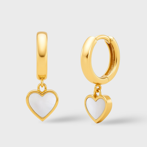 14K Yellow Gold Mother of Pearl Heart Dangle Huggie Earrings with 6mm heart drops and polished finish by Vaskia Jewelry