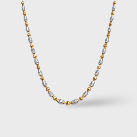 18K Yellow Gold diamond cut beads chain with round white diamonds, front view