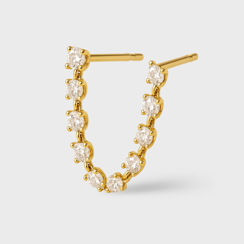 14K Yellow Gold diamond chain piercing with round white diamonds, front view