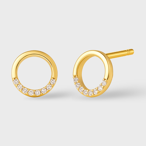 14K Yellow Gold Diamond Circle Stud Earrings featuring pavé-set round white diamonds along open-hoop silhouette, minimalist polished gold design by Vaskia Jewelry