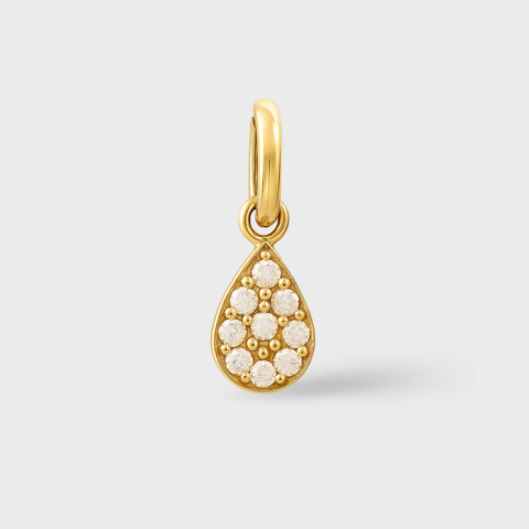 14K yellow gold diamond teardrop charm featuring pavé-set round brilliant diamonds, elegant pendant for necklace layering or anniversary gift.
