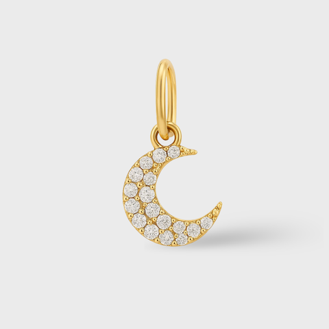 14K yellow gold diamond crescent moon charm featuring pavé-set round diamonds, celestial pendant for necklace layering or meaningful birthday gift.