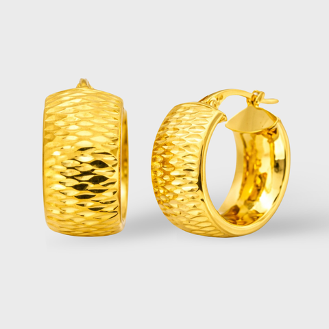 14K Yellow Gold diamond cut wide hoop earrings 14k gold - 15mm with round white diamonds, front view