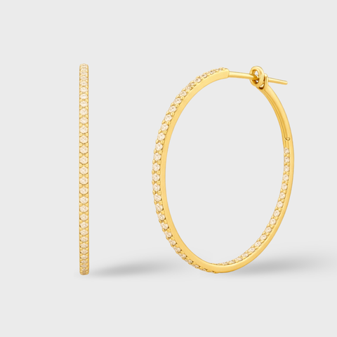 18K Yellow Gold diamond hoop earrings with round white diamonds, front view