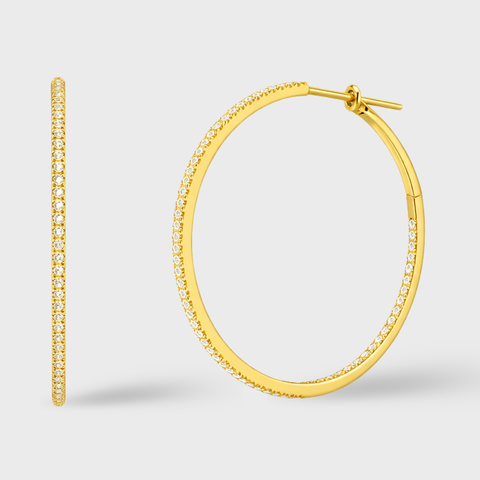 18K Yellow Gold diamond hoops with round white diamonds, front view