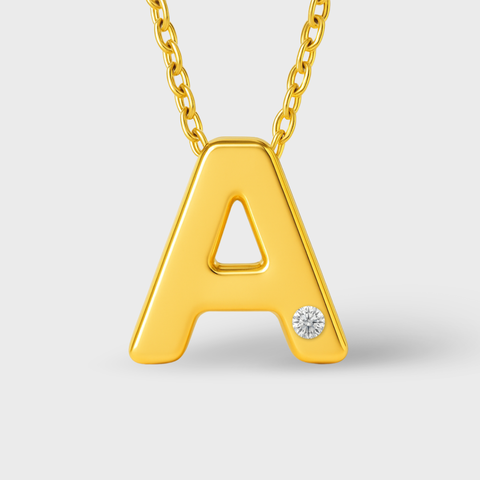 14K Yellow Gold diamond initial necklace with round white diamonds, front view