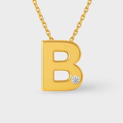 14K Yellow Gold diamond initial necklace with round white diamonds, side view
