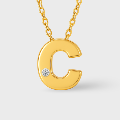 14K Yellow Gold diamond initial necklace with round white diamonds, detail view