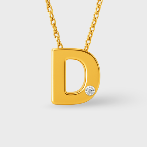 14K Yellow Gold diamond initial necklace with round white diamonds, worn view