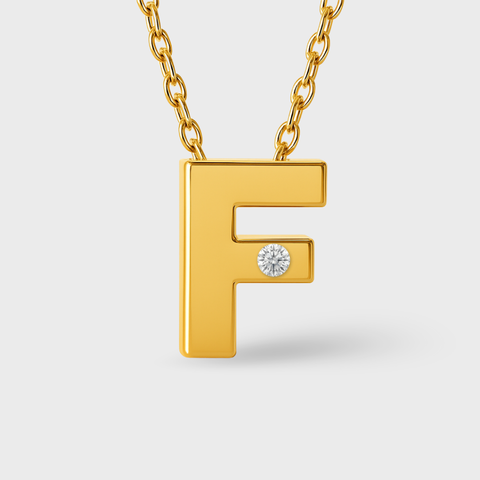 14K Yellow Gold diamond initial necklace with round white diamonds, front view