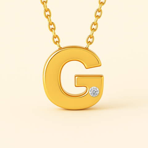 Close-up of 14K gold initial G pendant necklace with diamond accent and polished finish.