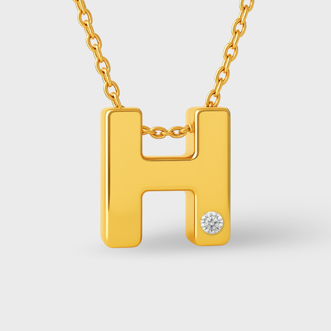 14K Yellow Gold diamond initial necklace with round white diamonds, detail view