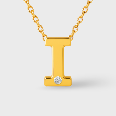 14K Yellow Gold diamond initial necklace with round white diamonds, worn view