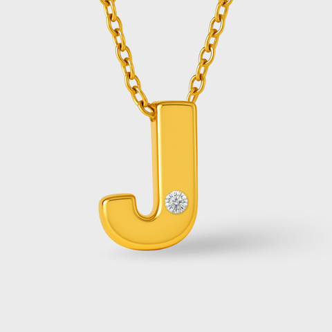 14K Yellow Gold diamond initial necklace with round white diamonds, angle view