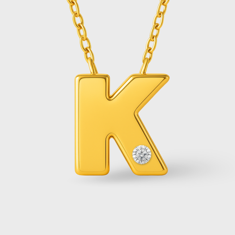 14K Yellow Gold diamond initial necklace with round white diamonds, front view