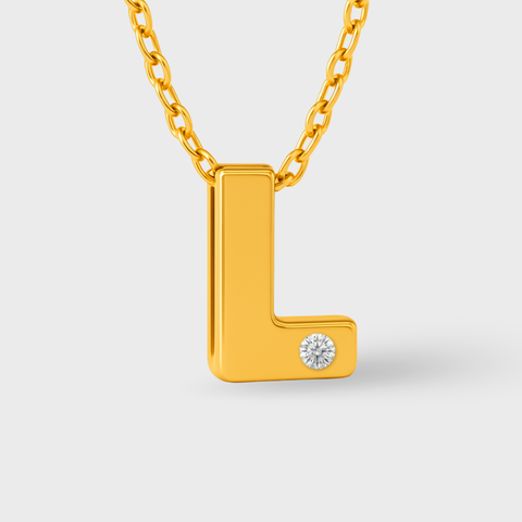 14K Yellow Gold diamond initial necklace with round white diamonds, side view