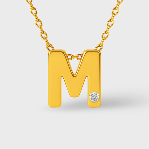 14K Yellow Gold diamond initial necklace with round white diamonds, detail view