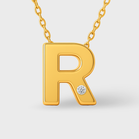 14K Yellow Gold diamond initial necklace with round white diamonds, side view