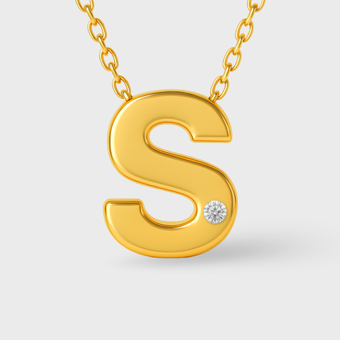 14K Yellow Gold diamond initial necklace with round white diamonds, detail view