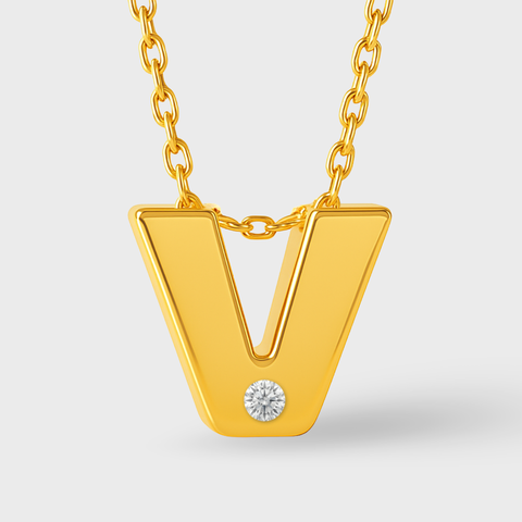 14K Yellow Gold diamond initial necklace with round white diamonds, angle view