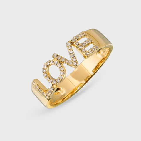 14K Yellow Gold diamond love ring with round white diamonds, side view