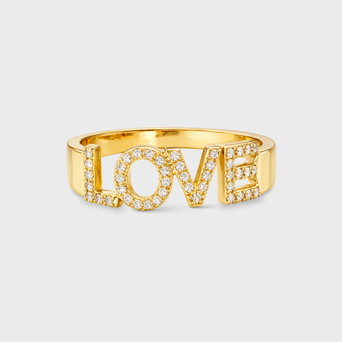 14K Yellow Gold diamond love ring with round white diamonds, front view