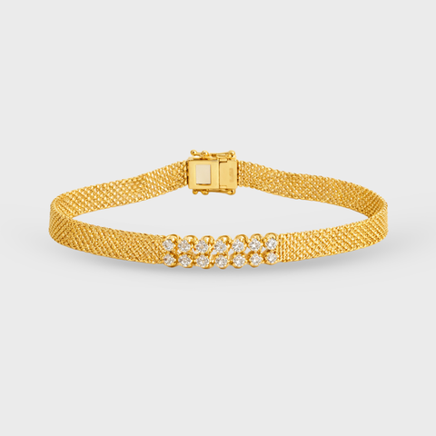 14K yellow gold diamond mesh bracelet featuring a woven gold band with 0.30 carats of round brilliant diamonds, elegant luxury statement jewelry for anniversary gift.