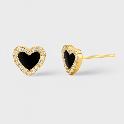 14K Yellow Gold diamond & onyx heart earrings with round white diamonds, front view