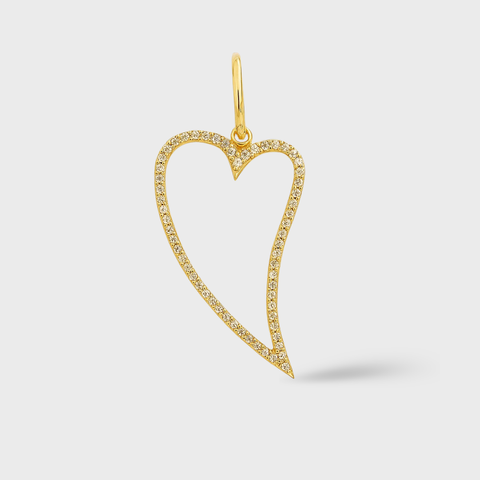 14K Yellow Gold diamond open heart pendant with round white diamonds, front view