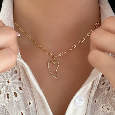 14K Yellow Gold diamond open heart pendant with round white diamonds, side view
